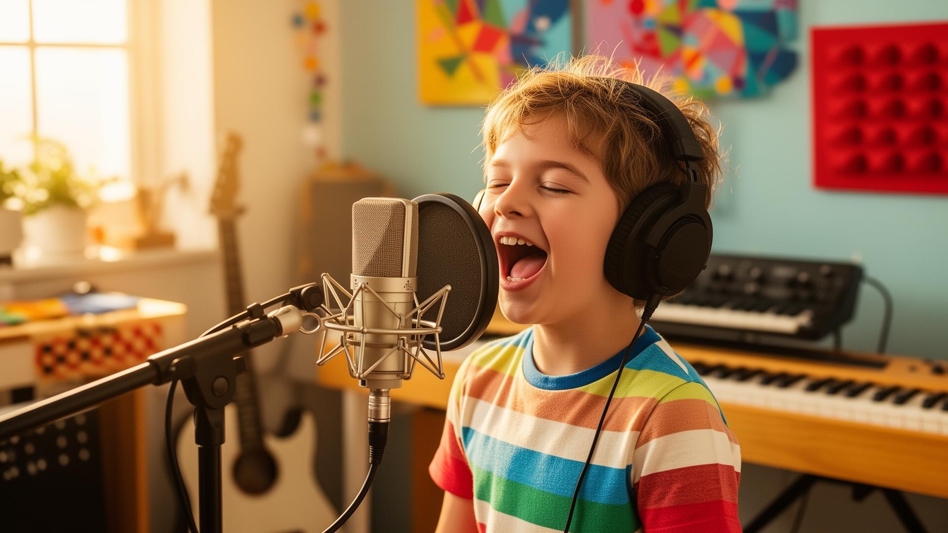 Child singing into a studio microphone
